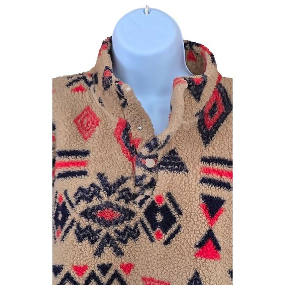 Vintage Aztec Fleece Sherpa Pullover Jacket Tan & Red Geometric Pattern Cozy War - Picture 3 of 4